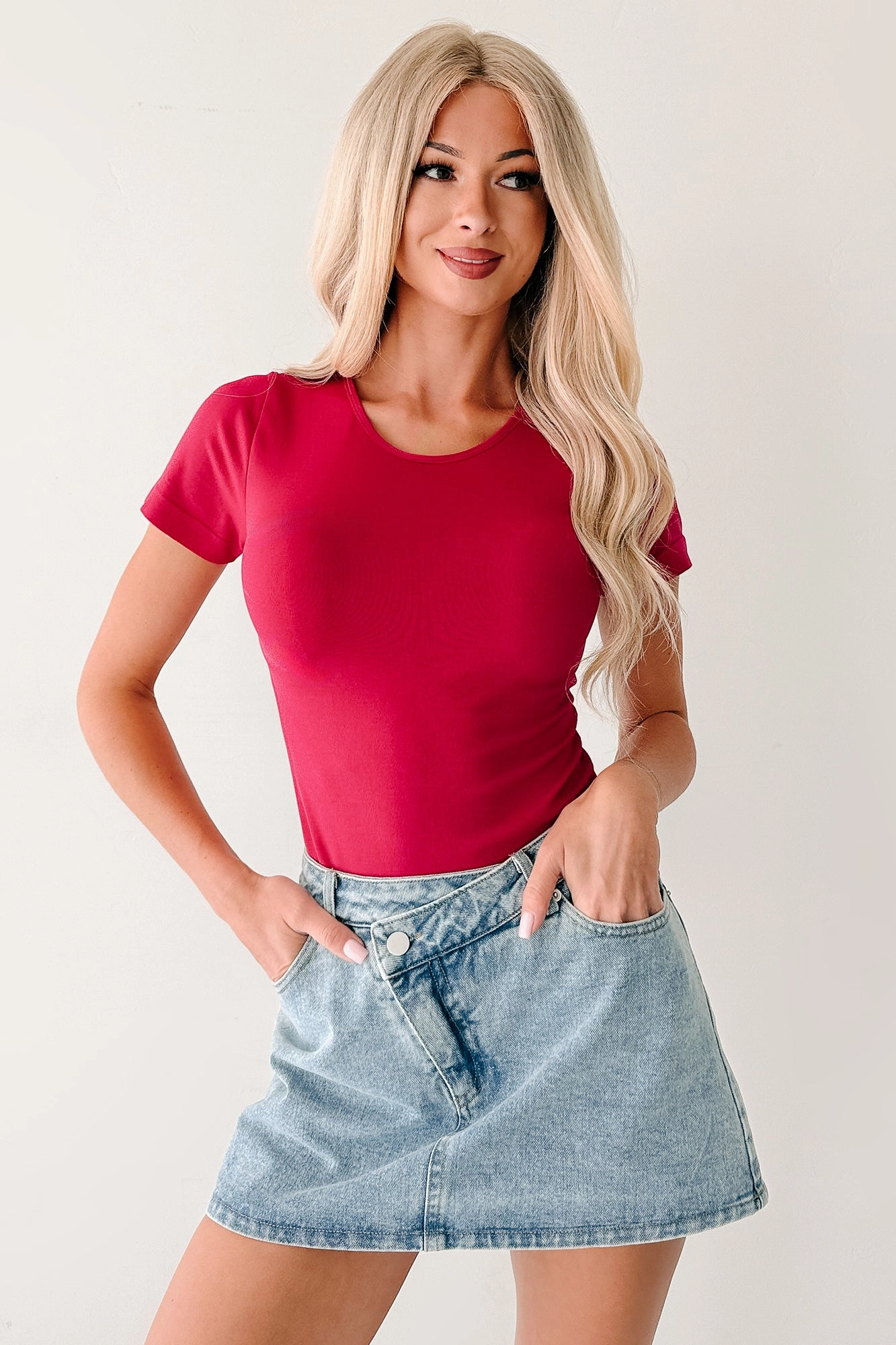 Elasticated Trim Wherever Whenever Solid Short Sleeve Top (Raspberry)