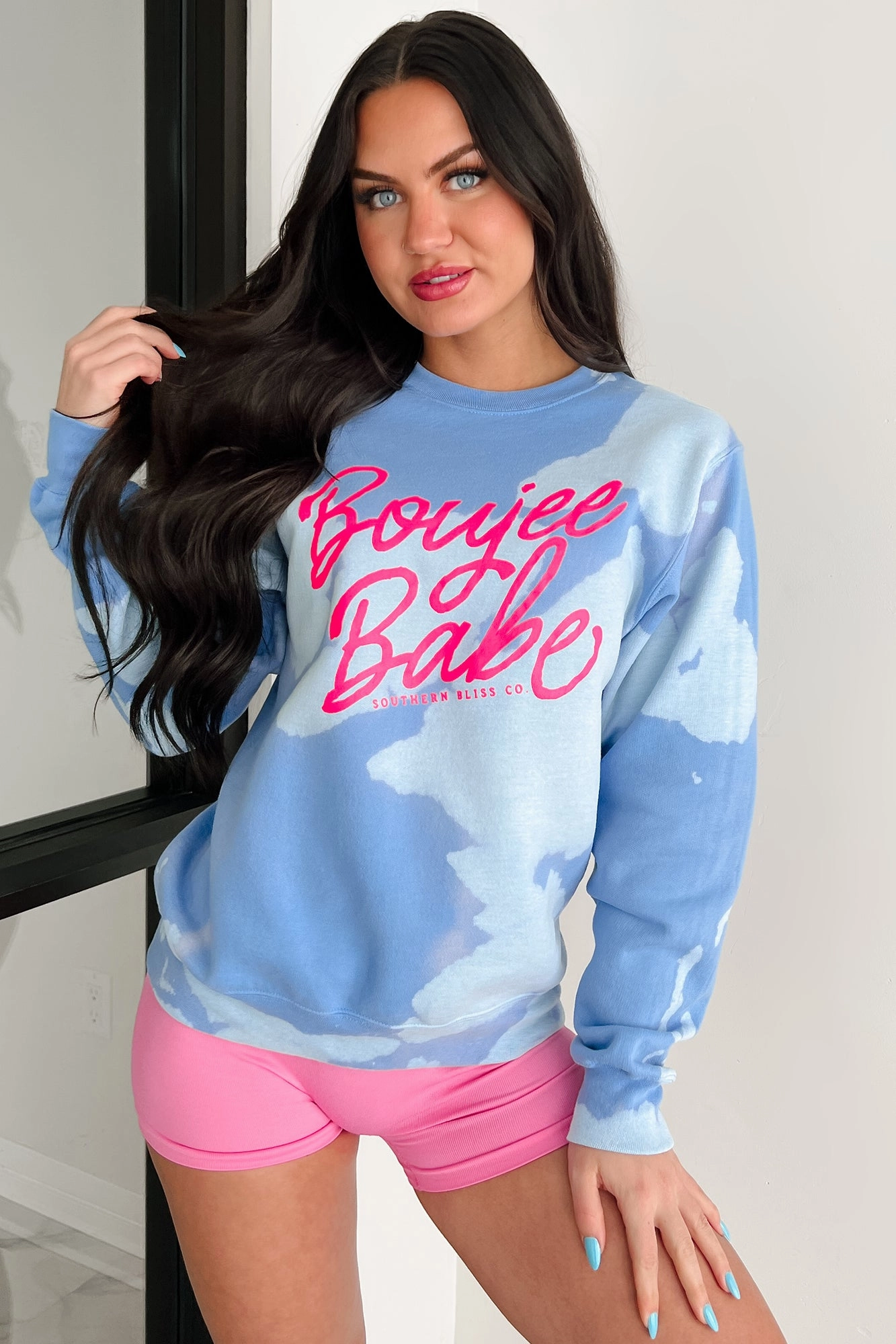 "Boujee Babe" Graphic Cloud Sweatshirt (Blue Bomba) Contrast Stitch Accent MultiPocket Design