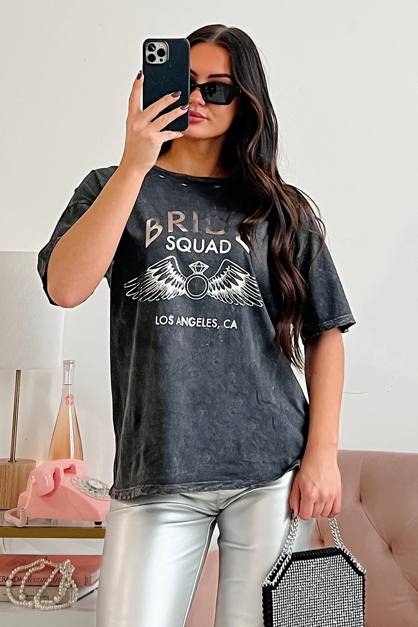 Reflective Trim Details AntiPill Surface "Bride Squad" Distressed Graphic Tee (Charcoal)