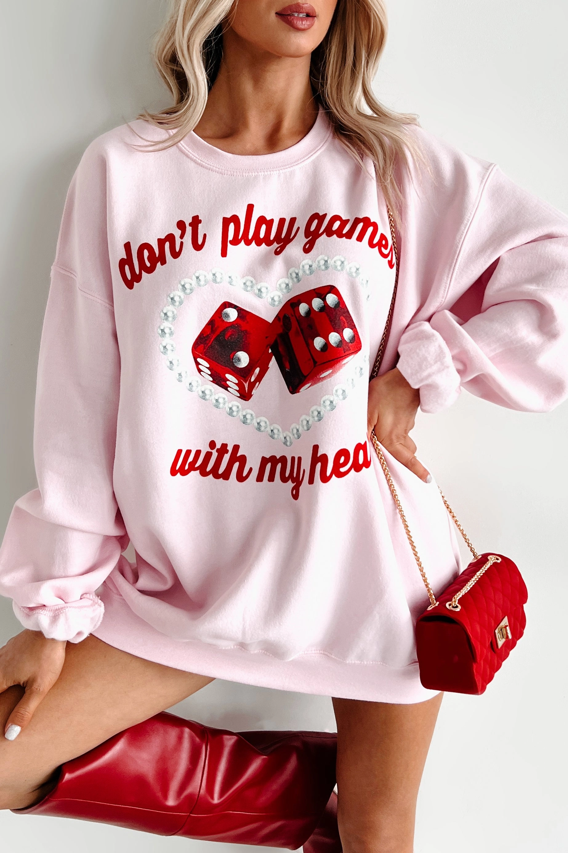 "Don't Play Games With My Heart" Graphic Crewneck (Light Pink) Unstructured Silhouette AntiPillingTechnology