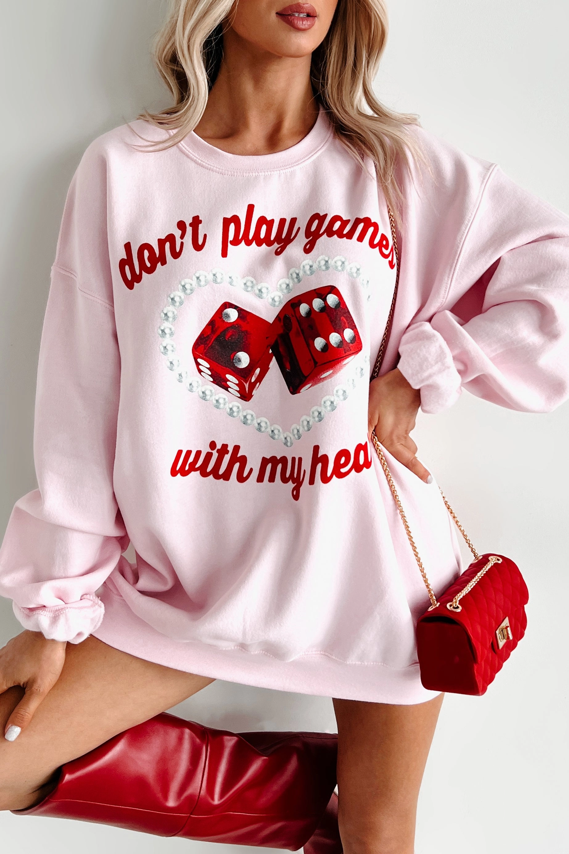 LongWearingComfort SunProtective "Don't Play Games With My Heart" Graphic Crewneck (Light Pink)