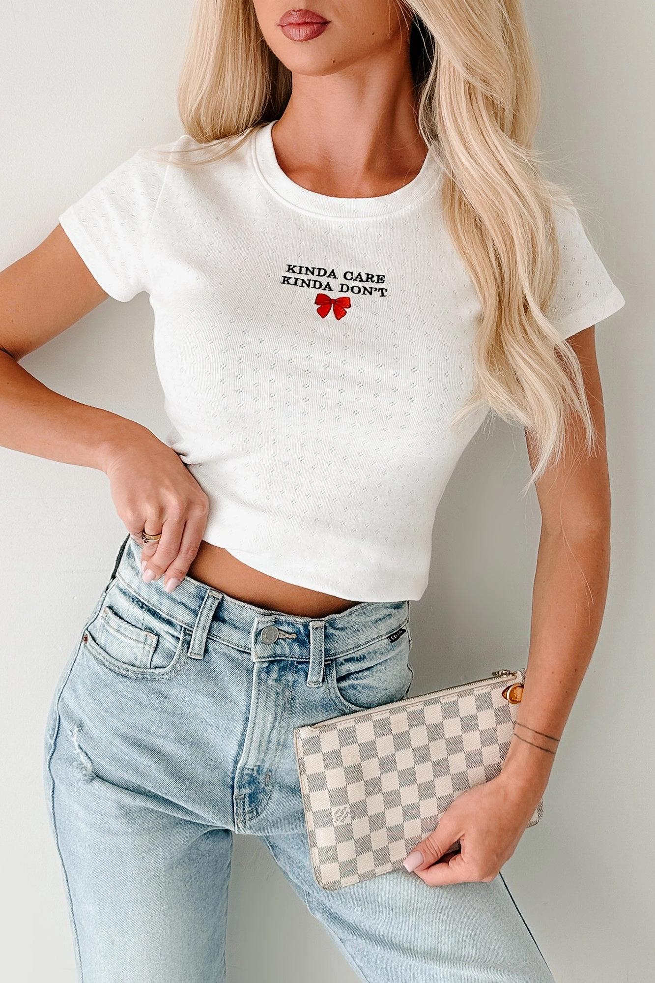 "Kinda Care Kinda Don't" Embroidered Graphic Tee (Off White) Formal Shirt