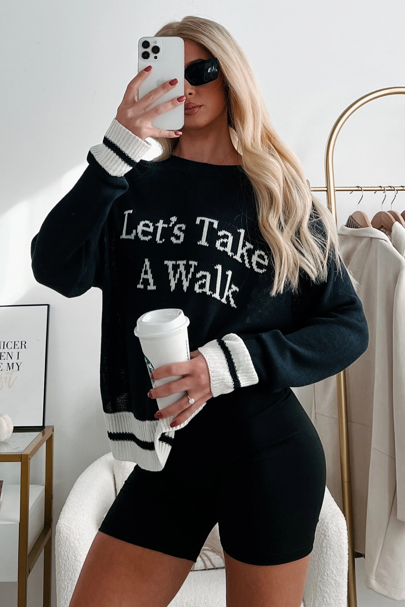 Contrast Stitch Detailing "Let's Take A Walk" Lightweight Knit Sweater (Dark Navy/White)