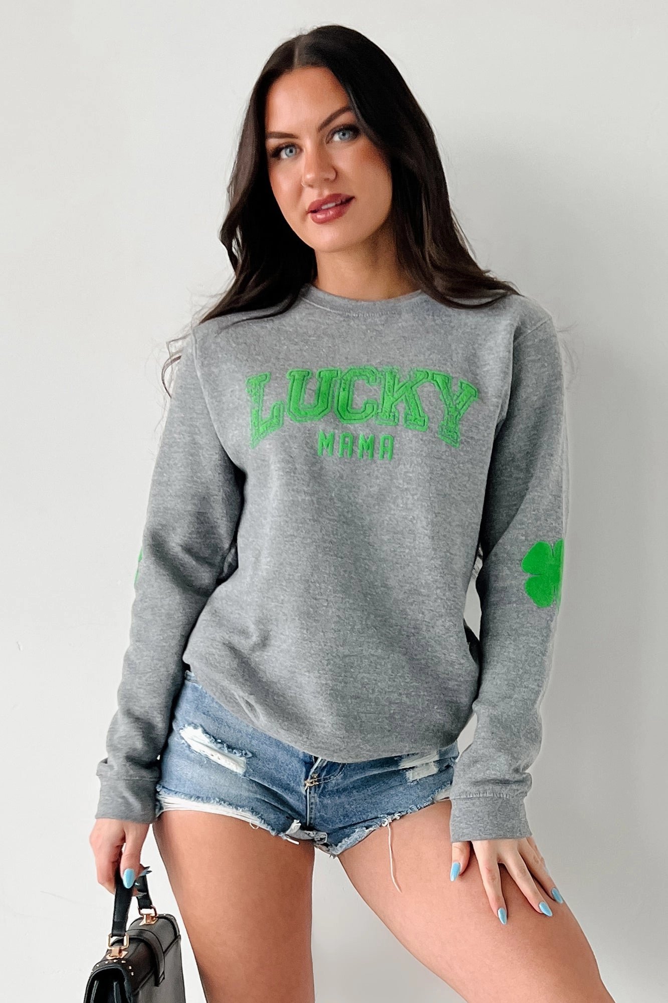 Flatlock Seam EasyClean "LUCKY MAMA" Graphic Sweatshirt (Grey)