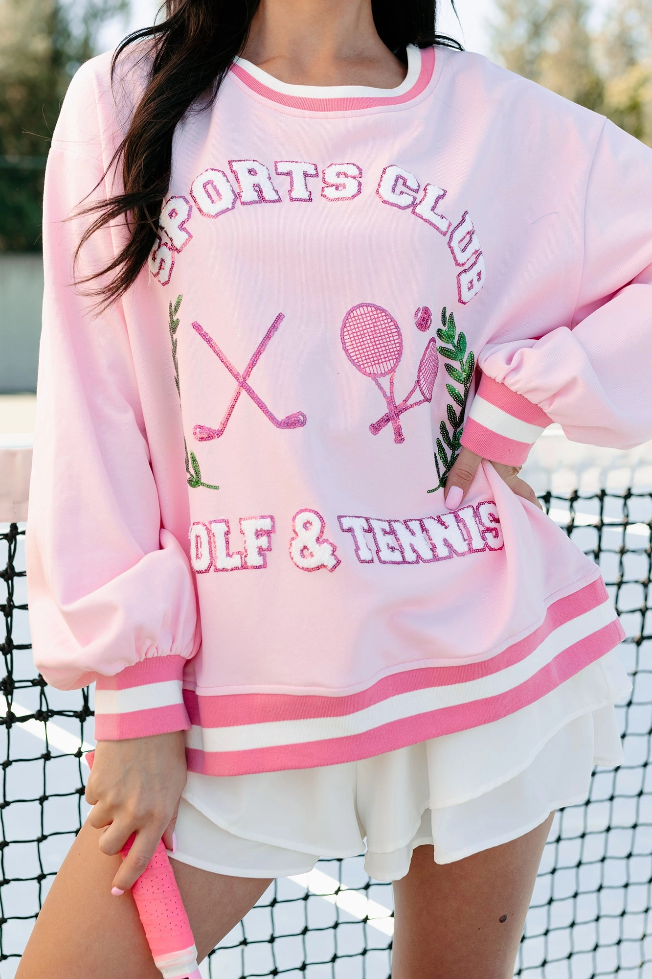 "Sports Club" Sequin Patch Sweatshirt (Light Pink) FrictionFreeNeckline Oversized Collar