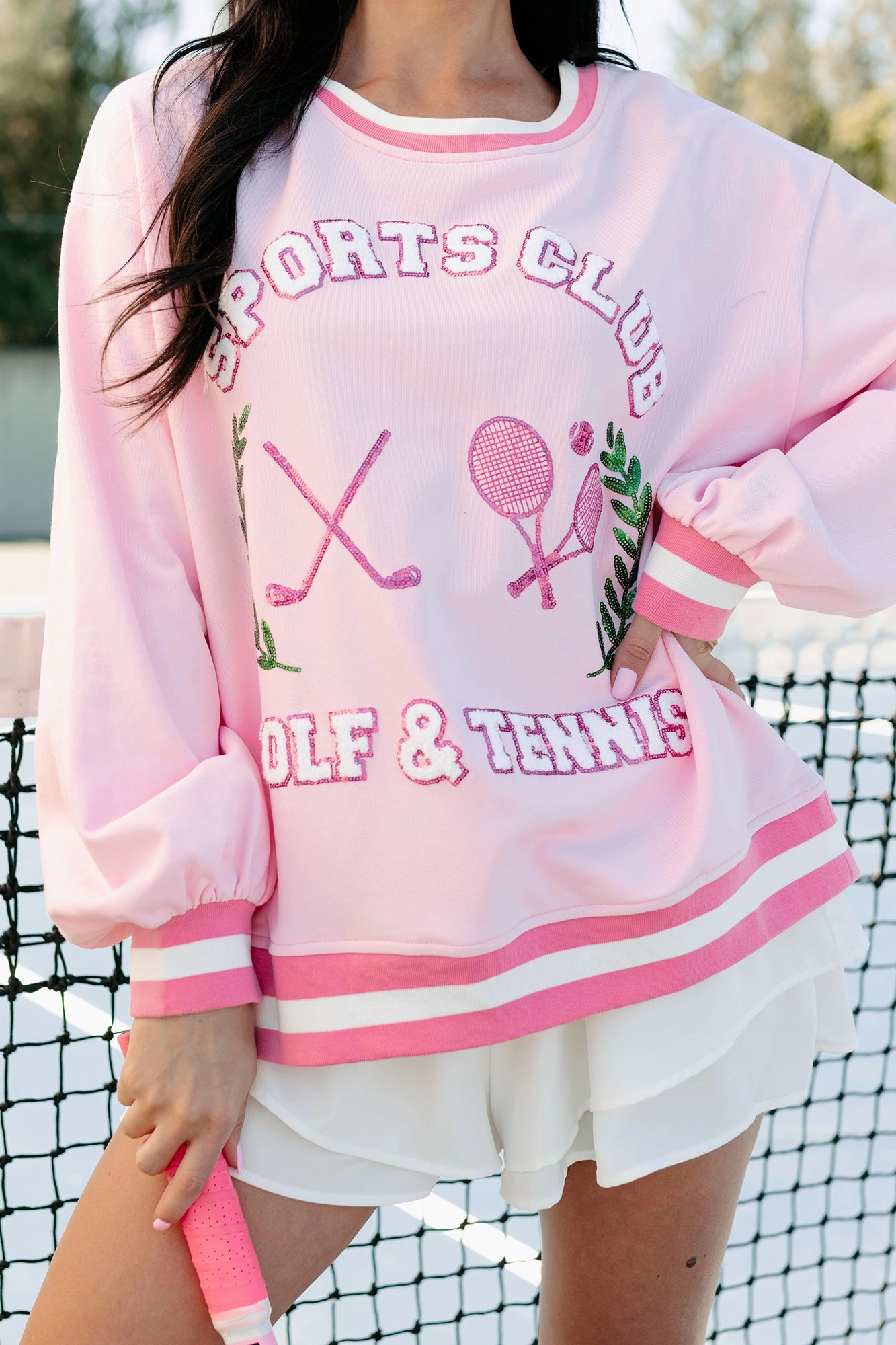 Breathable fabric "Sports Club" Sequin Patch Sweatshirt (Light Pink)