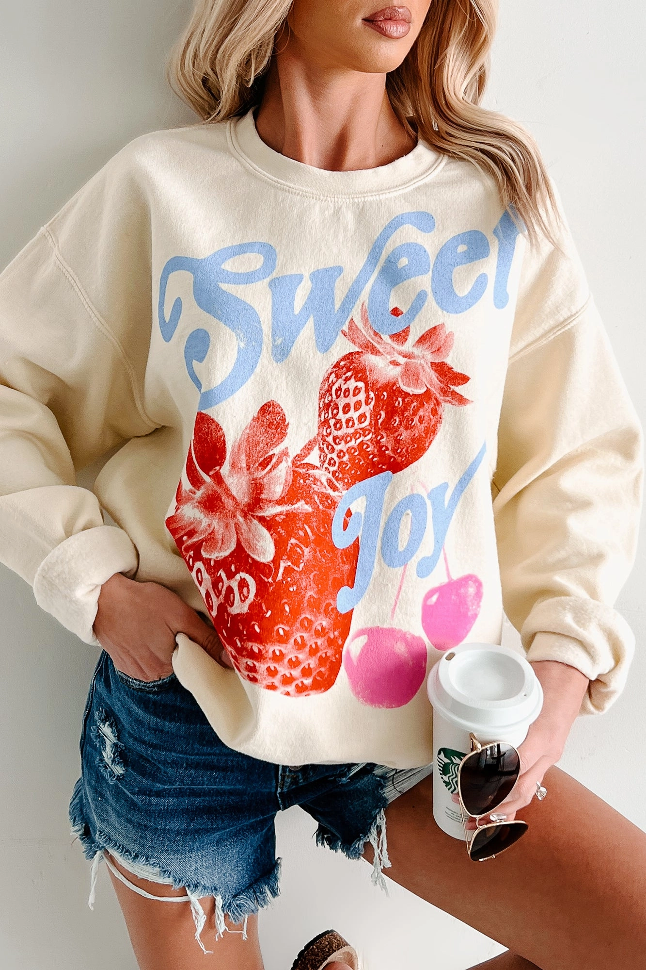 HiddenZipper Water Repellent Finish "Sweet Joy" Graphic Sweatshirt (French Vanilla)