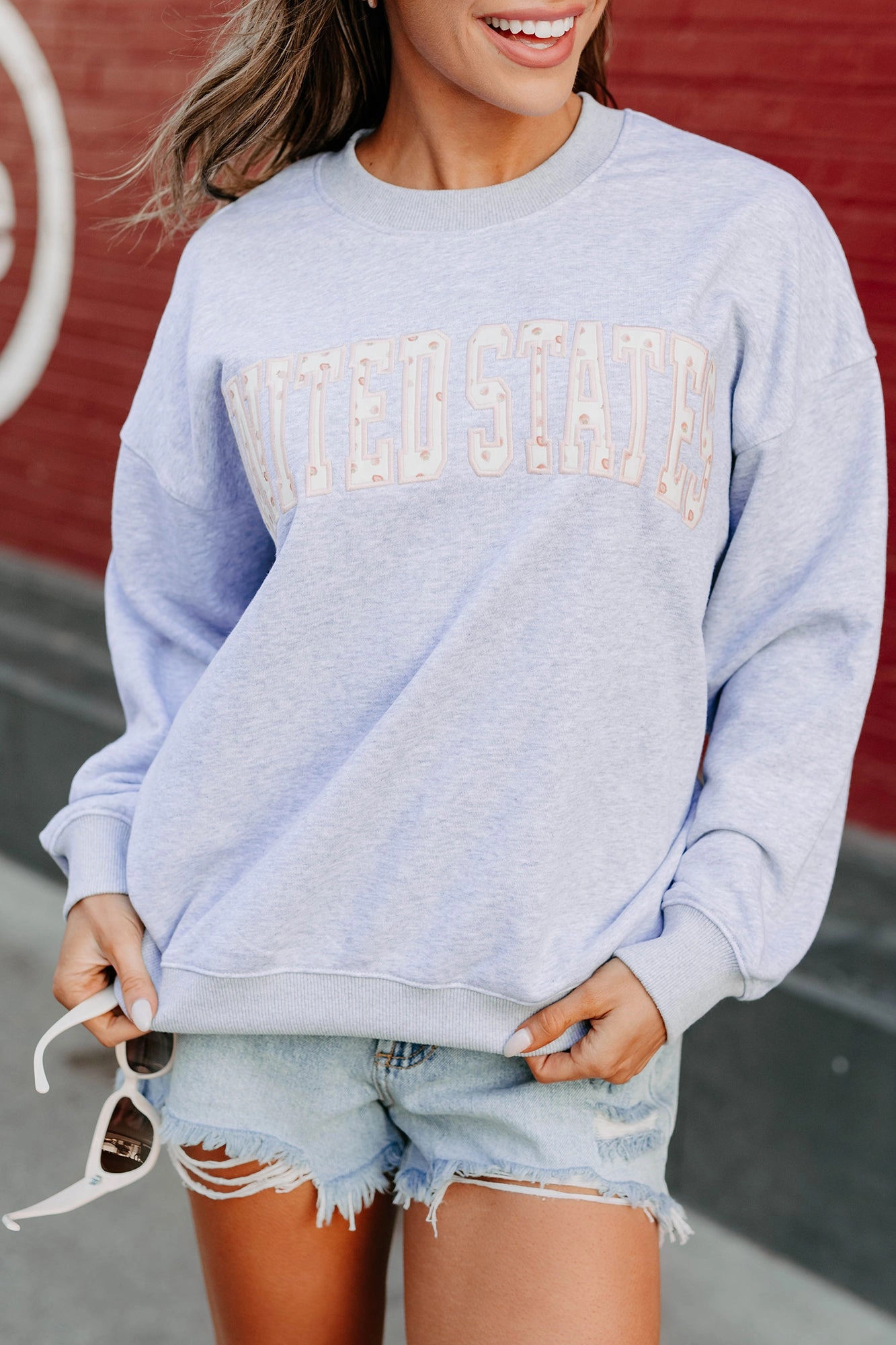 "United States" Strawberry Print Sweatshirt (Grey) Relaxed Silhouette