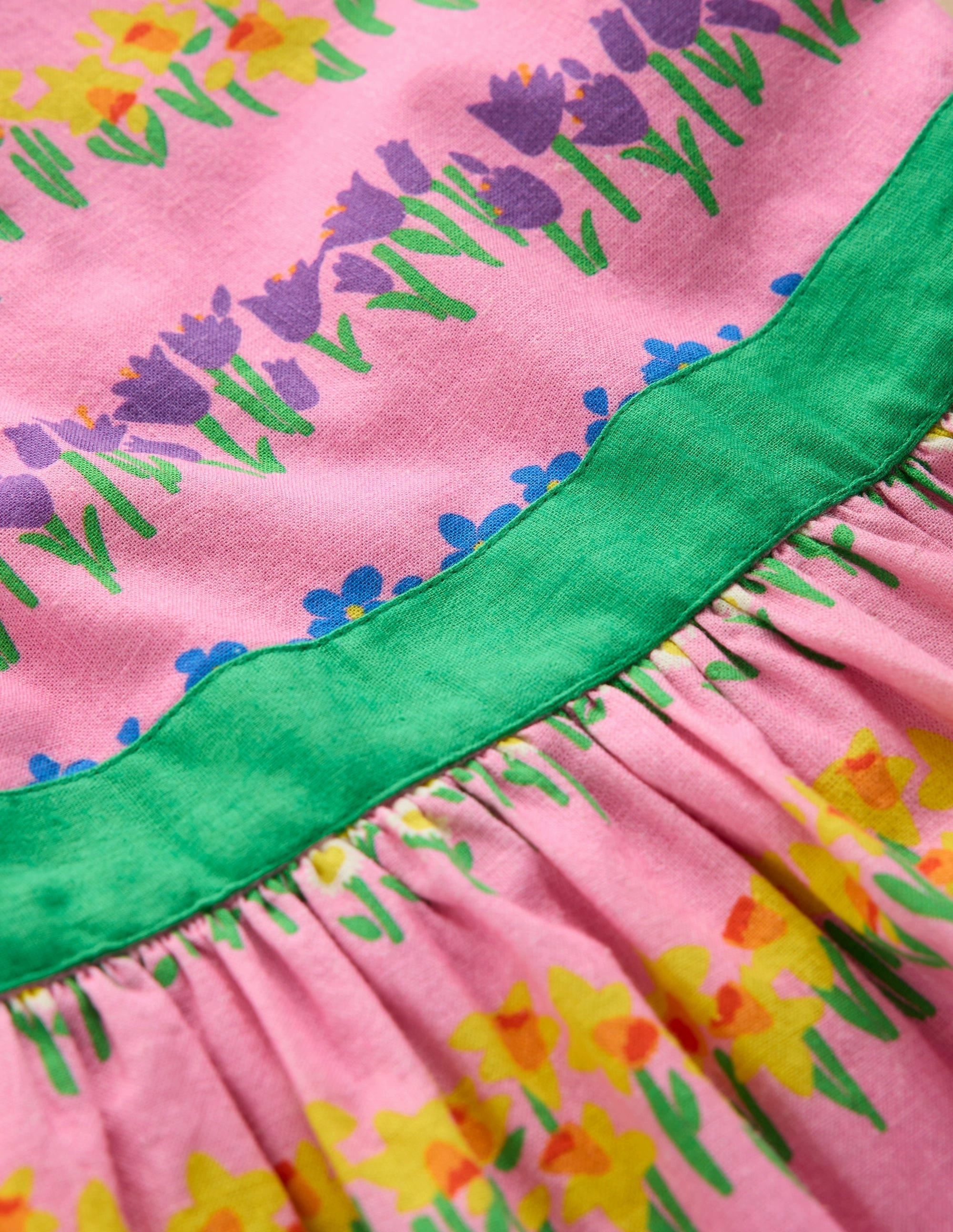 Cotton Linen Vintage Dress-Pink Spring Floral Stripe Travel Wear