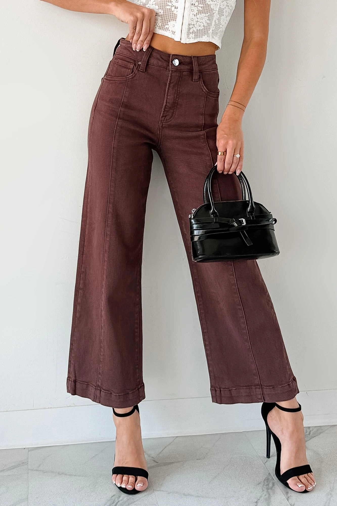 Maizie Tummy Control Wide Leg Cropped Risen Jeans (Choco Brown) Classic Comfort Chilly Layering
