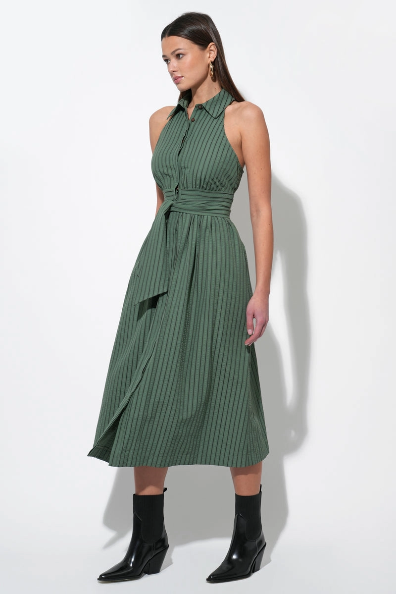 Mesh-Detail ROSA FLUTTER HALTER COLLARED DRESS