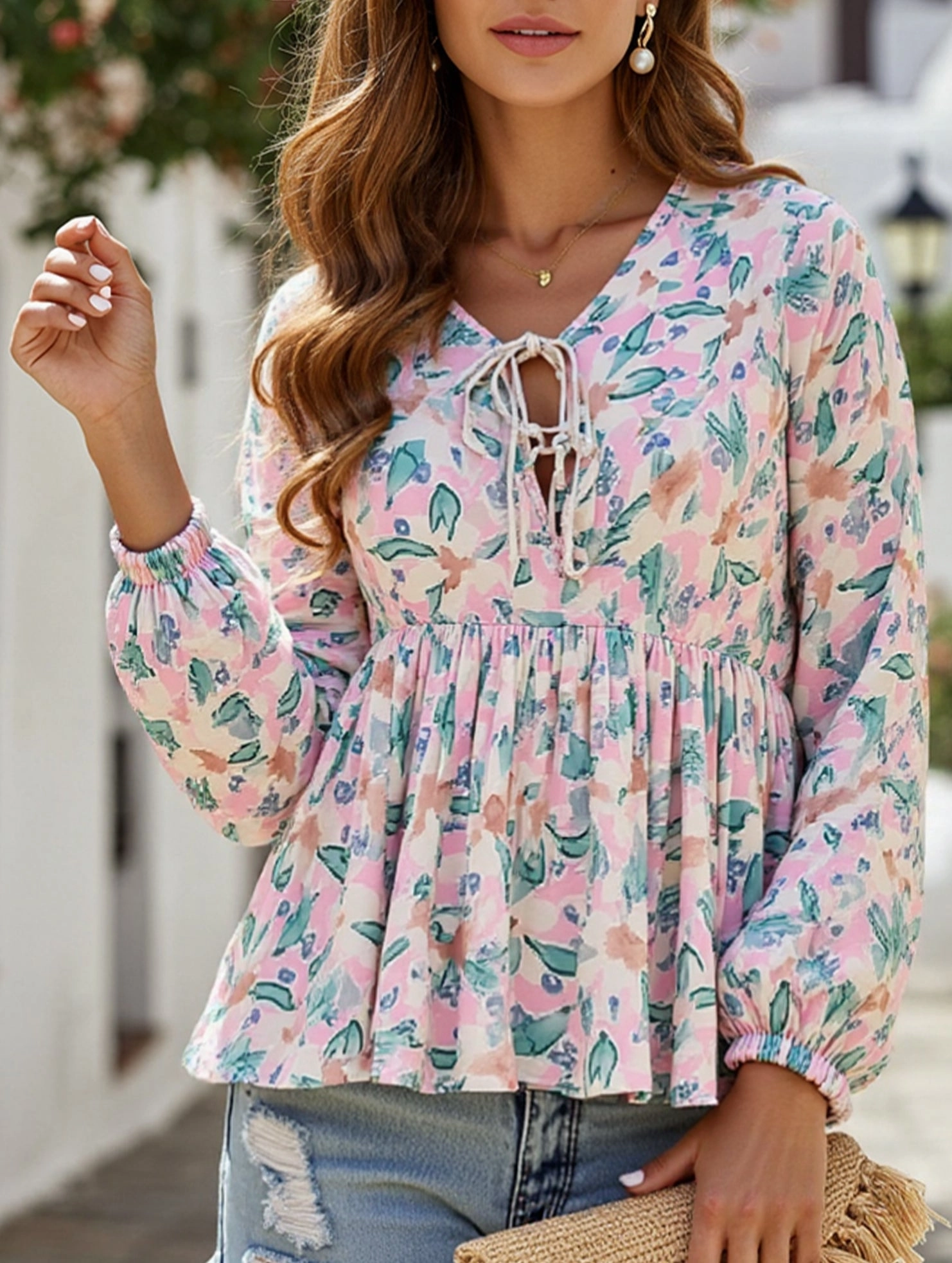 ButterSoft Handfeel Lace-Up Printed Loose Shirt ??Women's Casual Bohemian Blouse