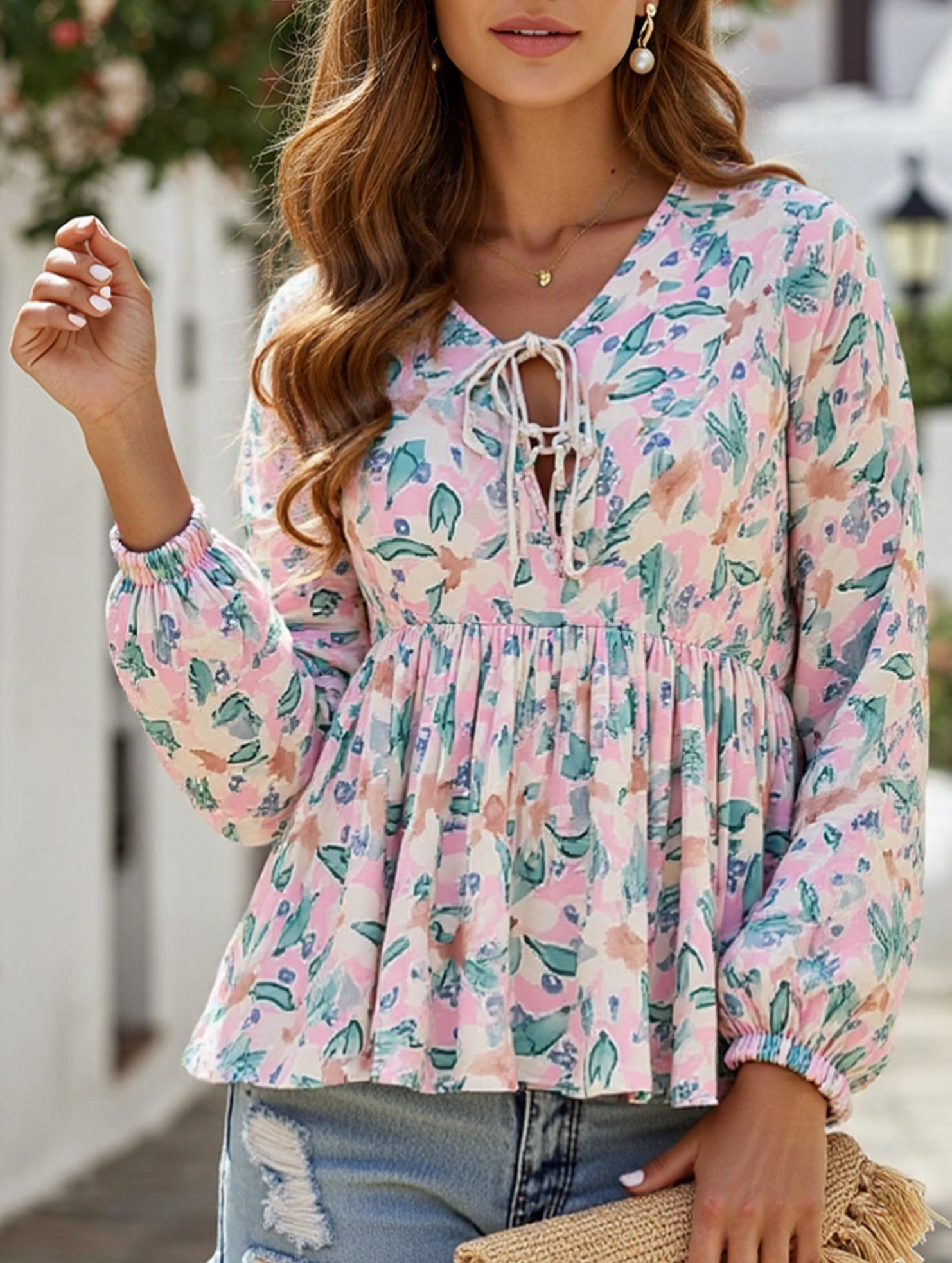 Lace-Up Printed Loose Shirt ??Women's Casual Bohemian Blouse LowProfileSeams