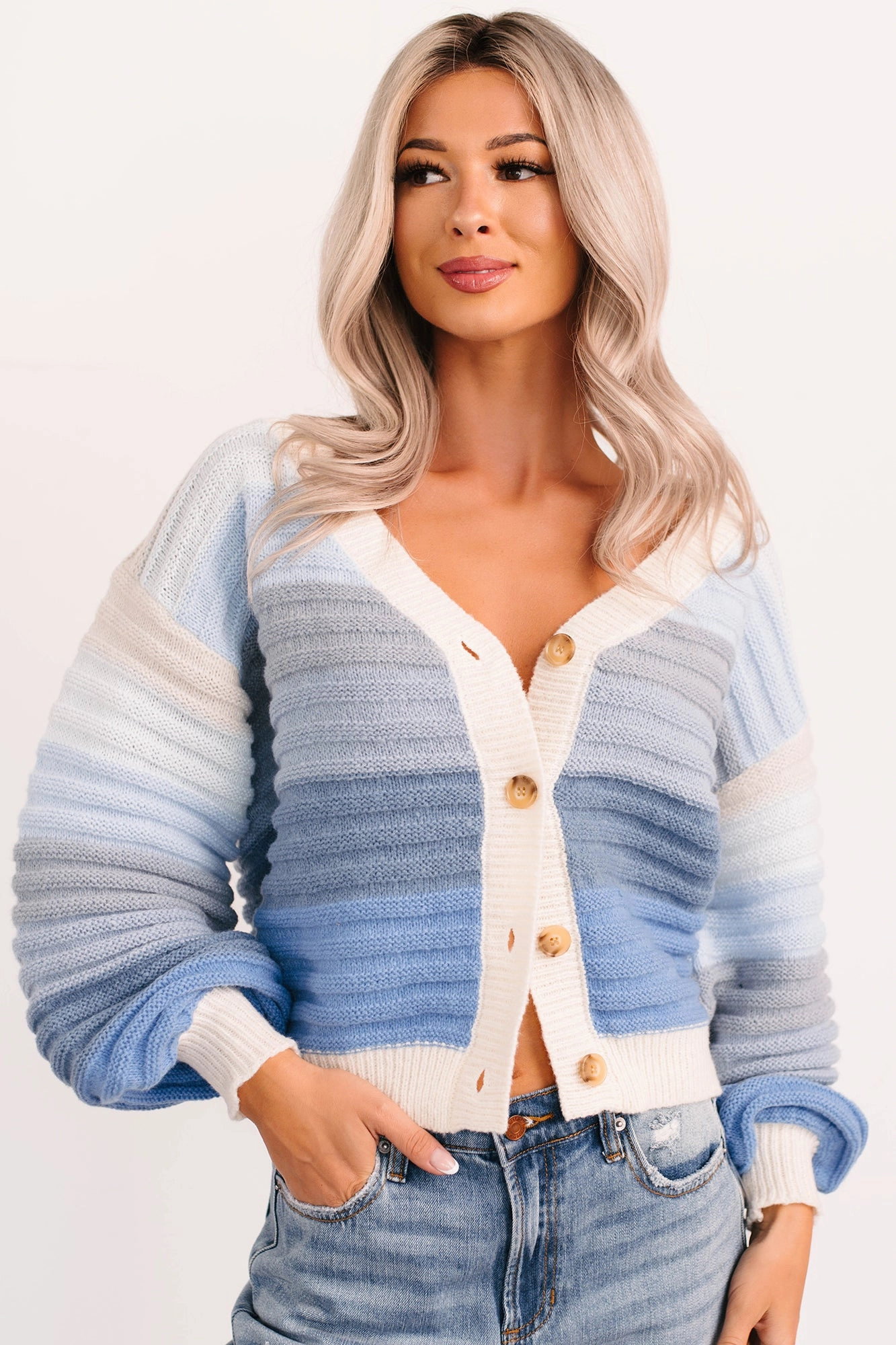 Morning Breeze Ombre Striped Knit Cardigan (Blue) UV Protection Enhanced Fashionable Style