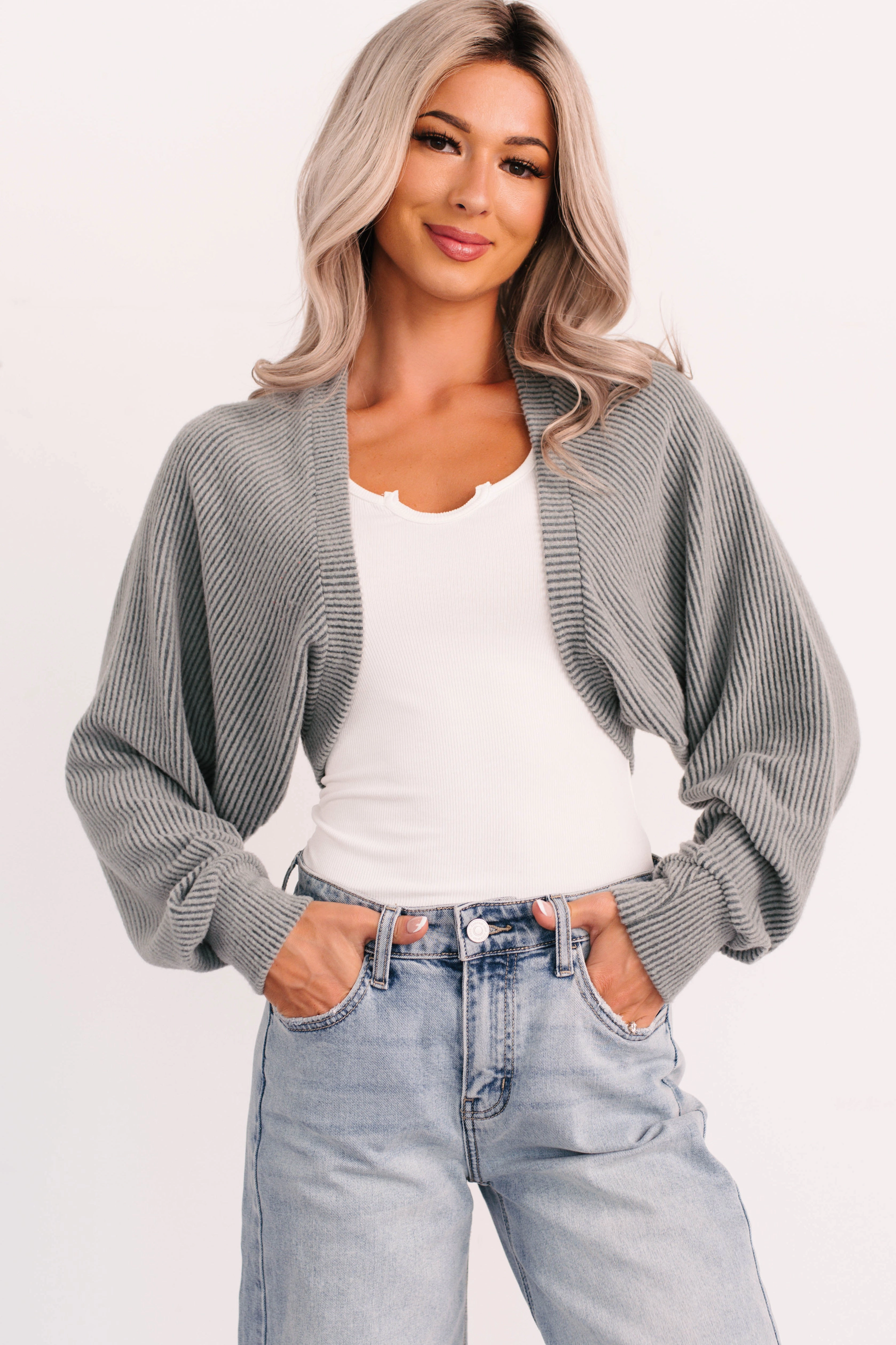 Lounge Cloud Ribbed Long Sleeve Shrug (Green Moss) Petal Sleeve Architecture