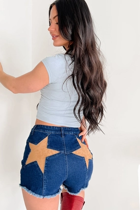 Quick Change Friendly Act Confident Star Detailed Denim Shorts (Dark Denim/Tan)