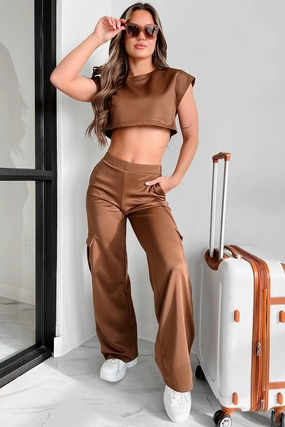 Point Of Interest Crop Top & Cargo Pants Set (Mocha) Flexible Seam