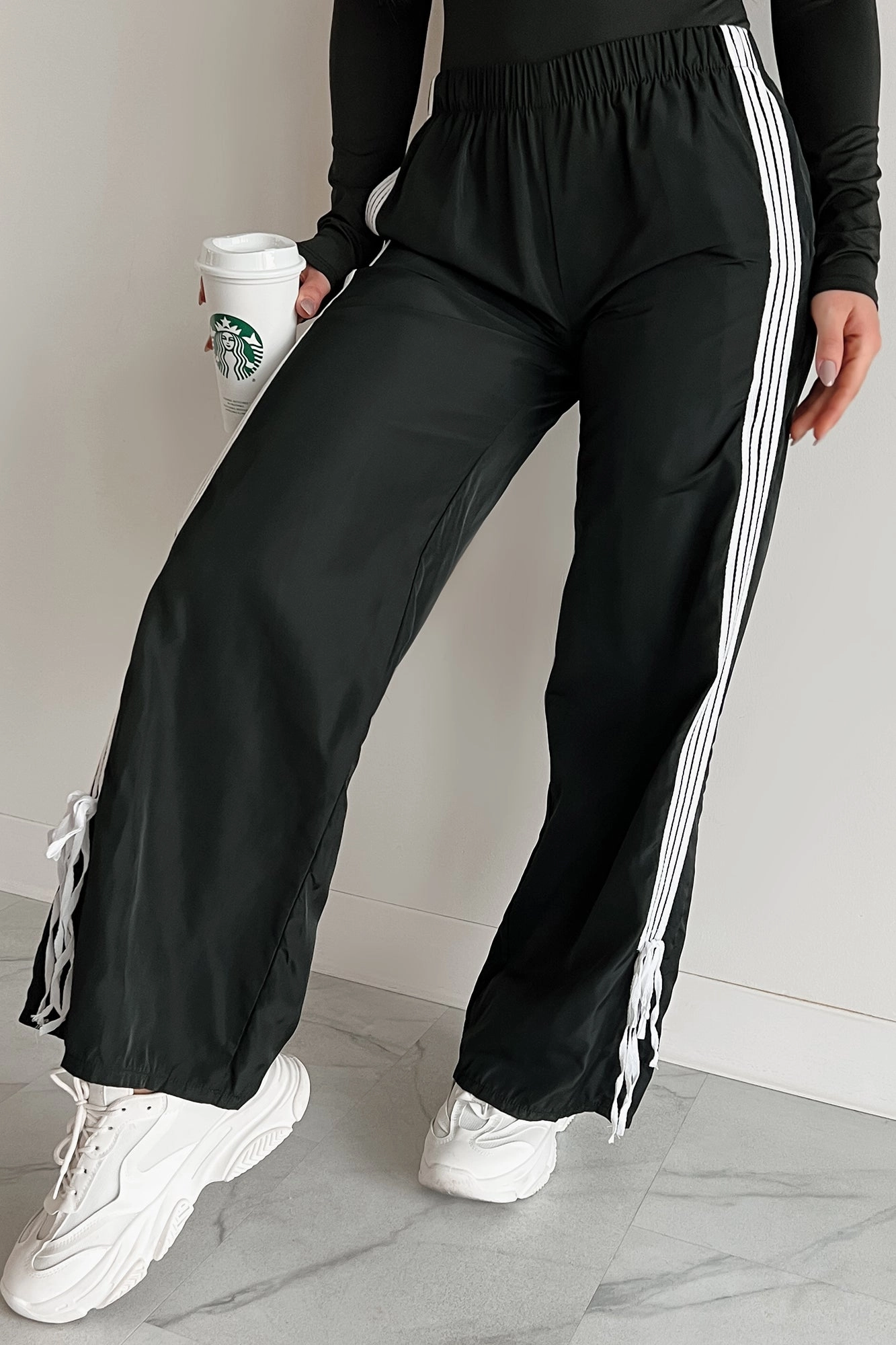 Comfy Waistband Colby Side Stripe Ribbon Tie Track Pants (Black)
