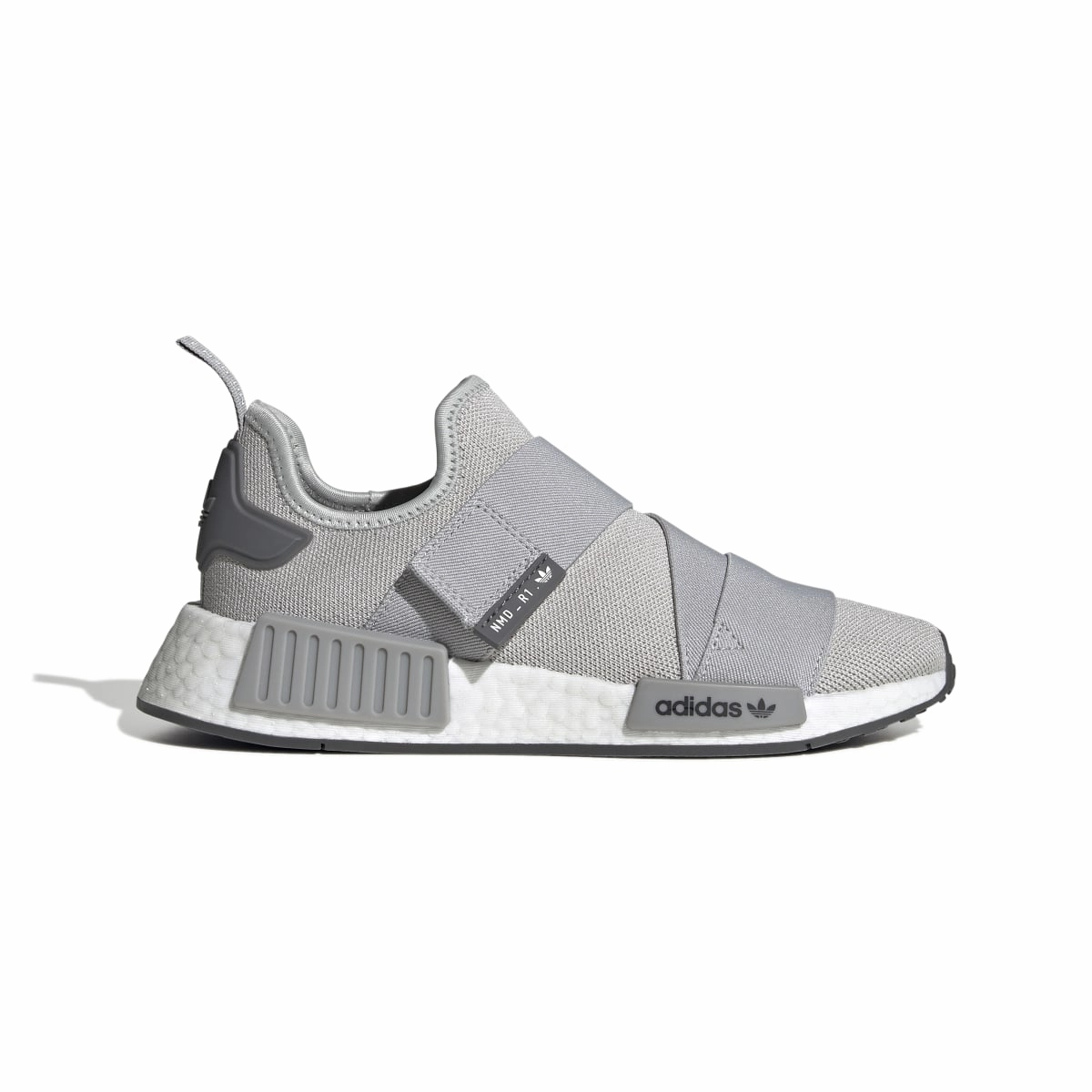 Anti Fatigue Technology ADIDAS GW9470 NMD_R1 STRAP WMN'S (Medium)  Gray/White/Gray Stretch Knit Running Shoes
