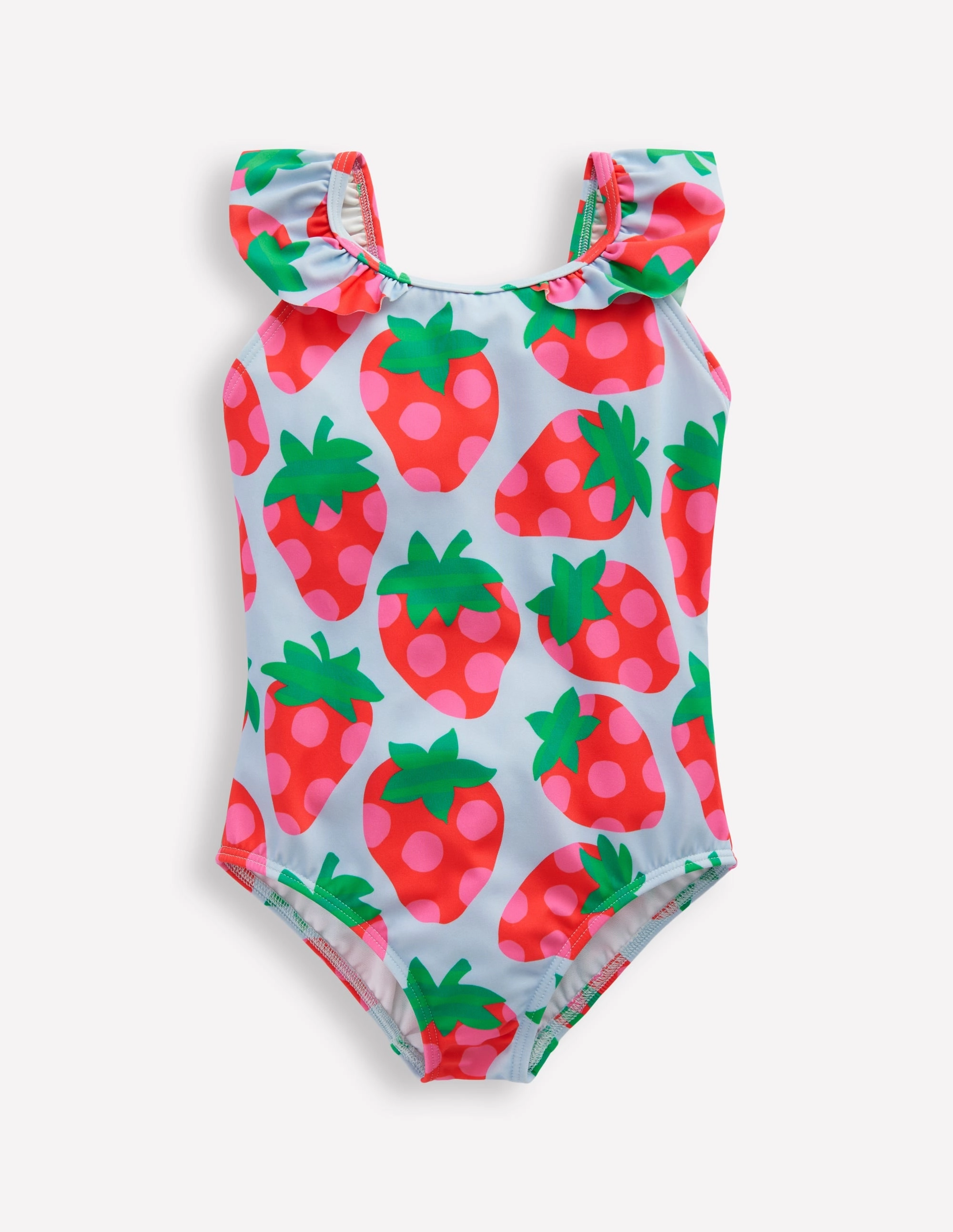 Quick Pull Zipper Hallie Frill Strap Swimsuit-Misty Blue Strawberry