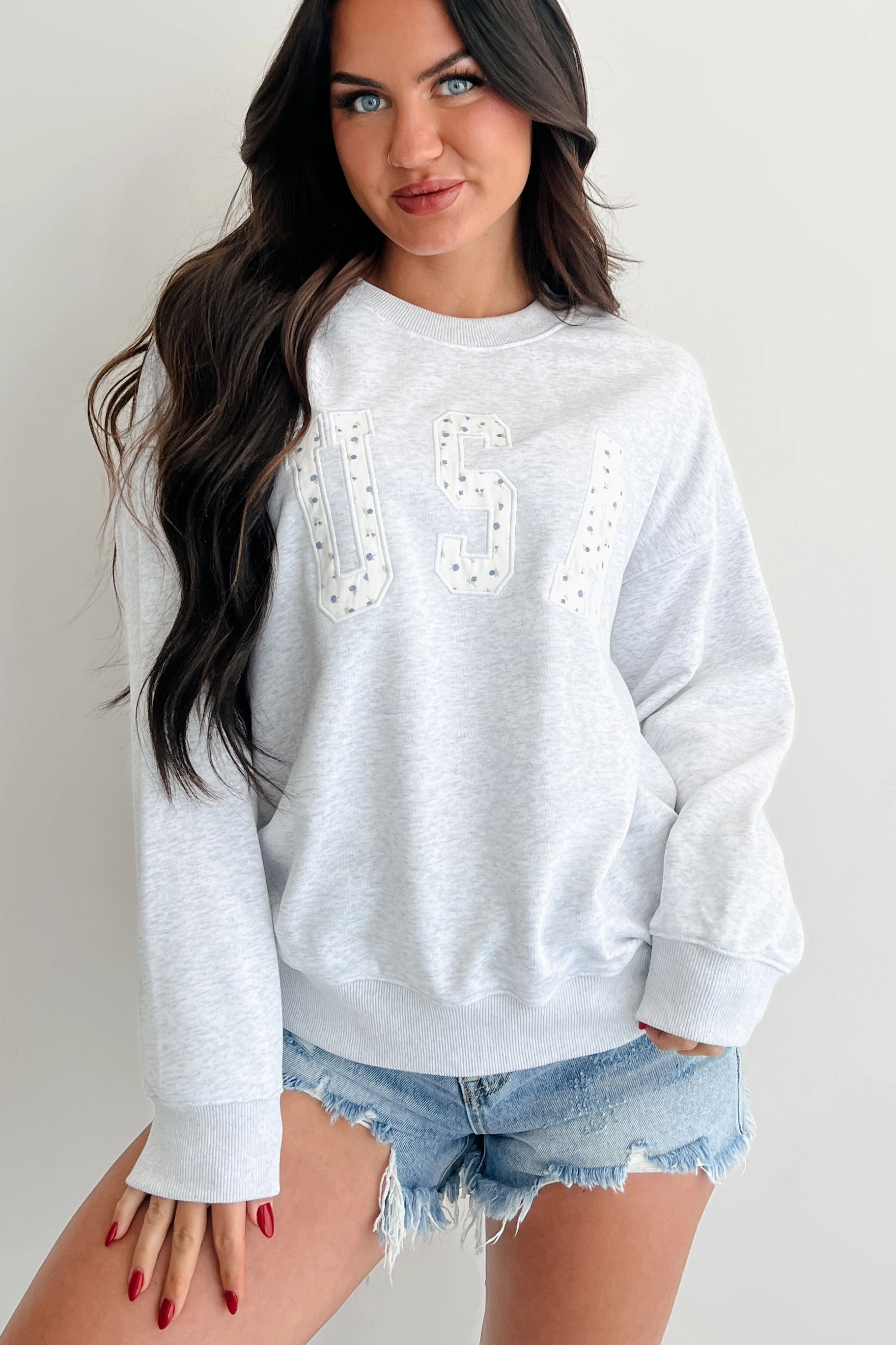 "USA" Floral Embroidered Sweatshirt (Light Grey) Soft Cotton Blend NonToxicCoating