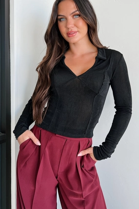 Compelling Attitude Shimmery Knit Long Sleeve Top (Black) Flexible Neckline