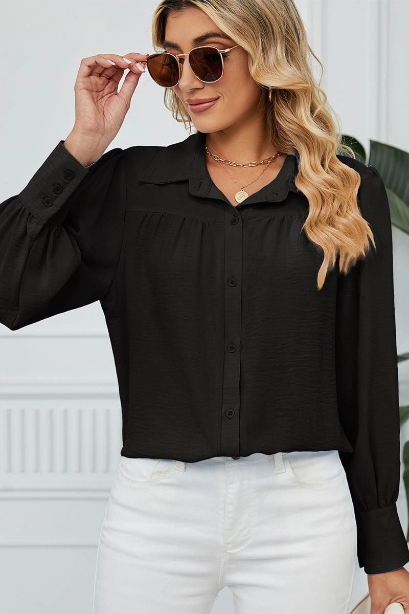 BUTTON DOWN LONG SLEEVE CHIFFON BLOUSE SHIRTS Fitted Blouse