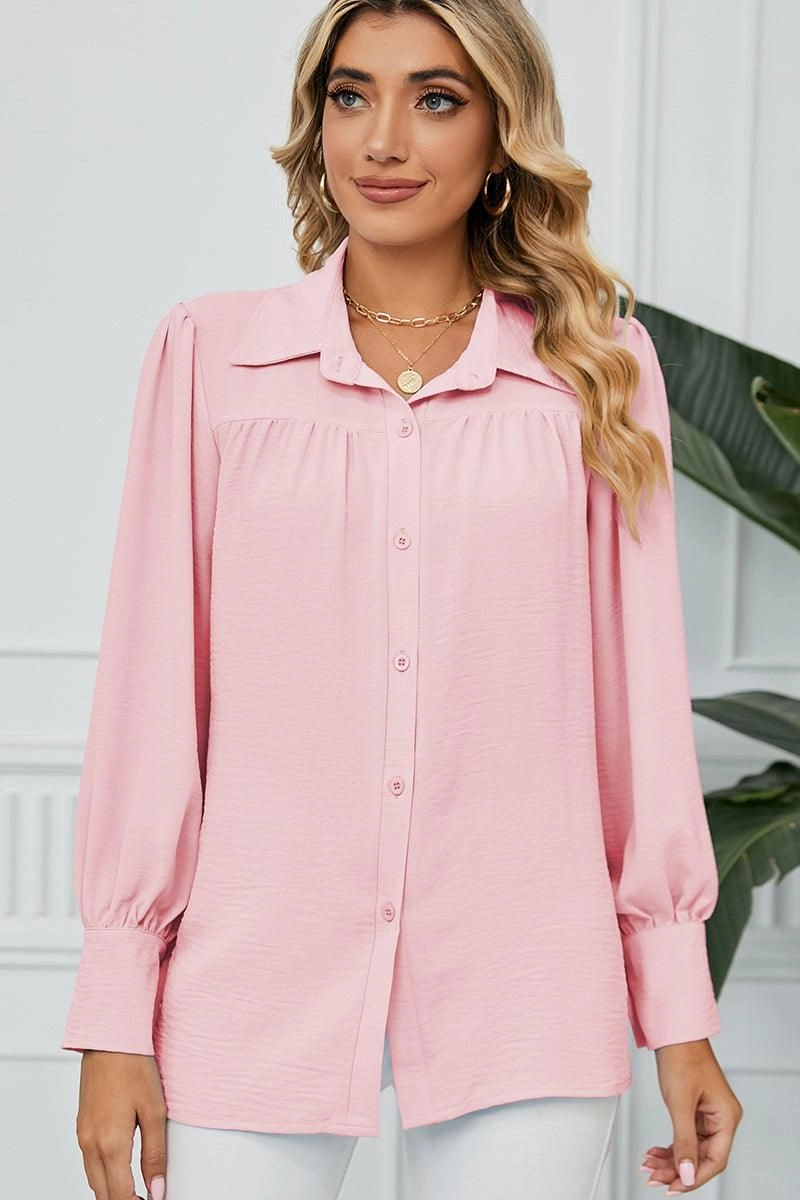 Soft Wool RibbedHemline BUTTON DOWN LONG SLEEVE CHIFFON BLOUSE SHIRTS