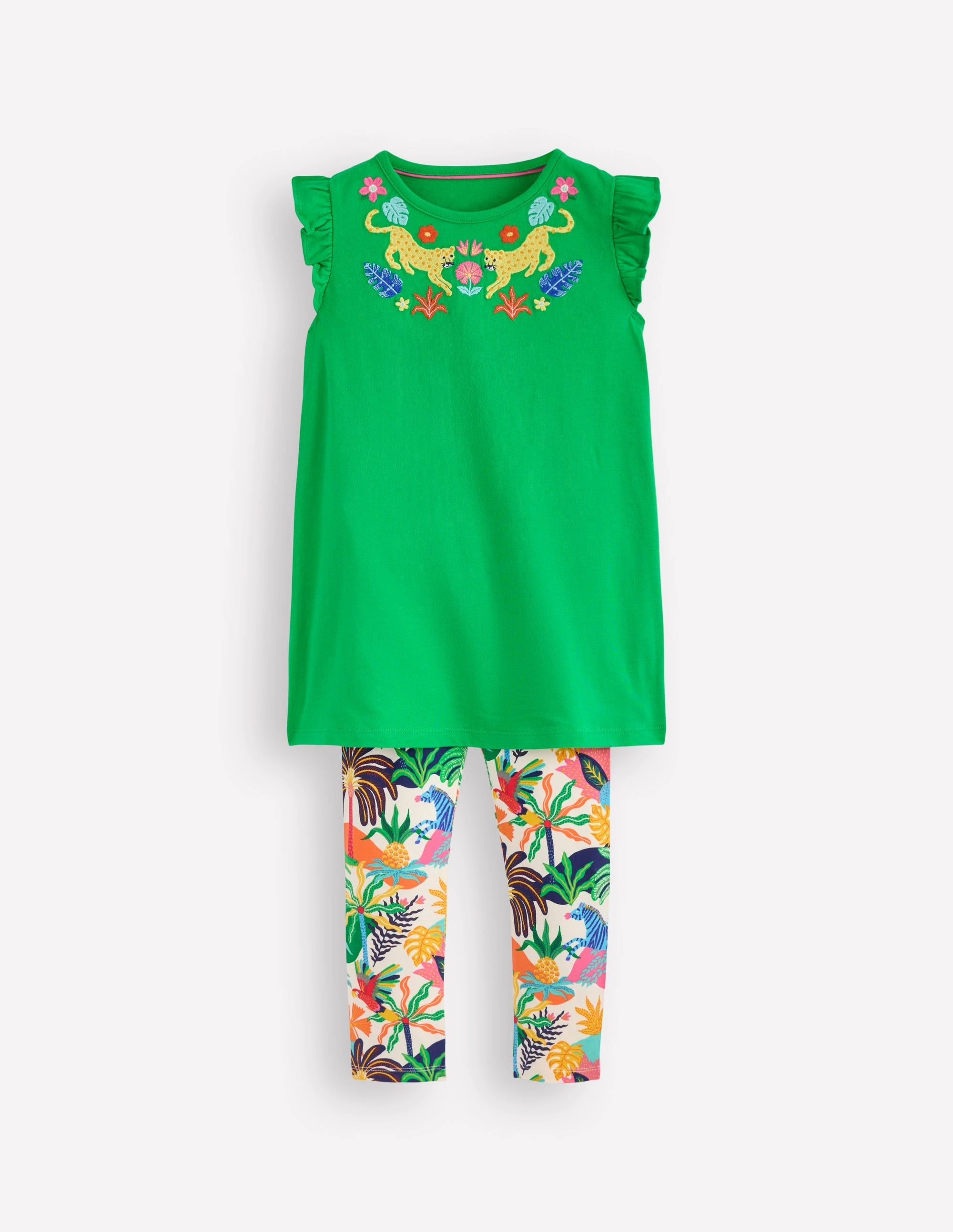 Frill Sleeve Tunic Set-Sapling Green Embroidery Flatlock Seam Reinforced Seams