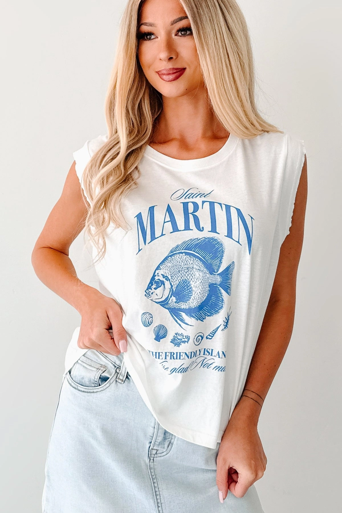 "Saint Martin" Distressed Coastal Graphic Tee (Ivory) MinimalistSilhouette Wrinkle Resistant Texture
