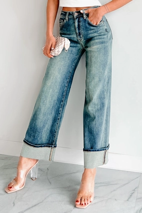 Aiden Special A High Rise Dirty Wash Wide Leg Jeans (Dark) Versatile Fit