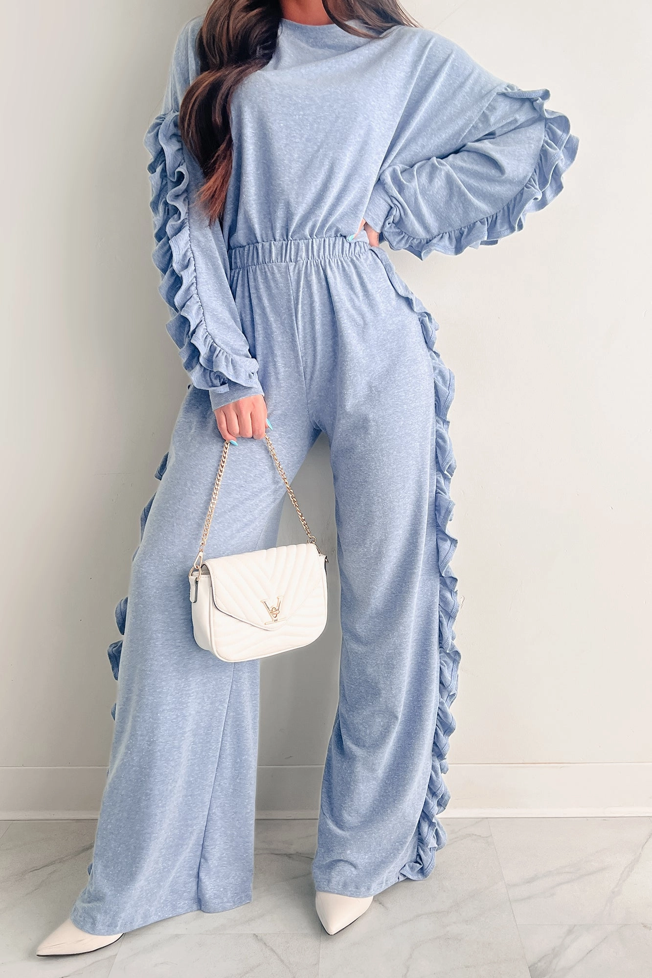 Minimal Bounce Design Living In My Own Lane Two Piece Ruffle Lounge Set (Blue)