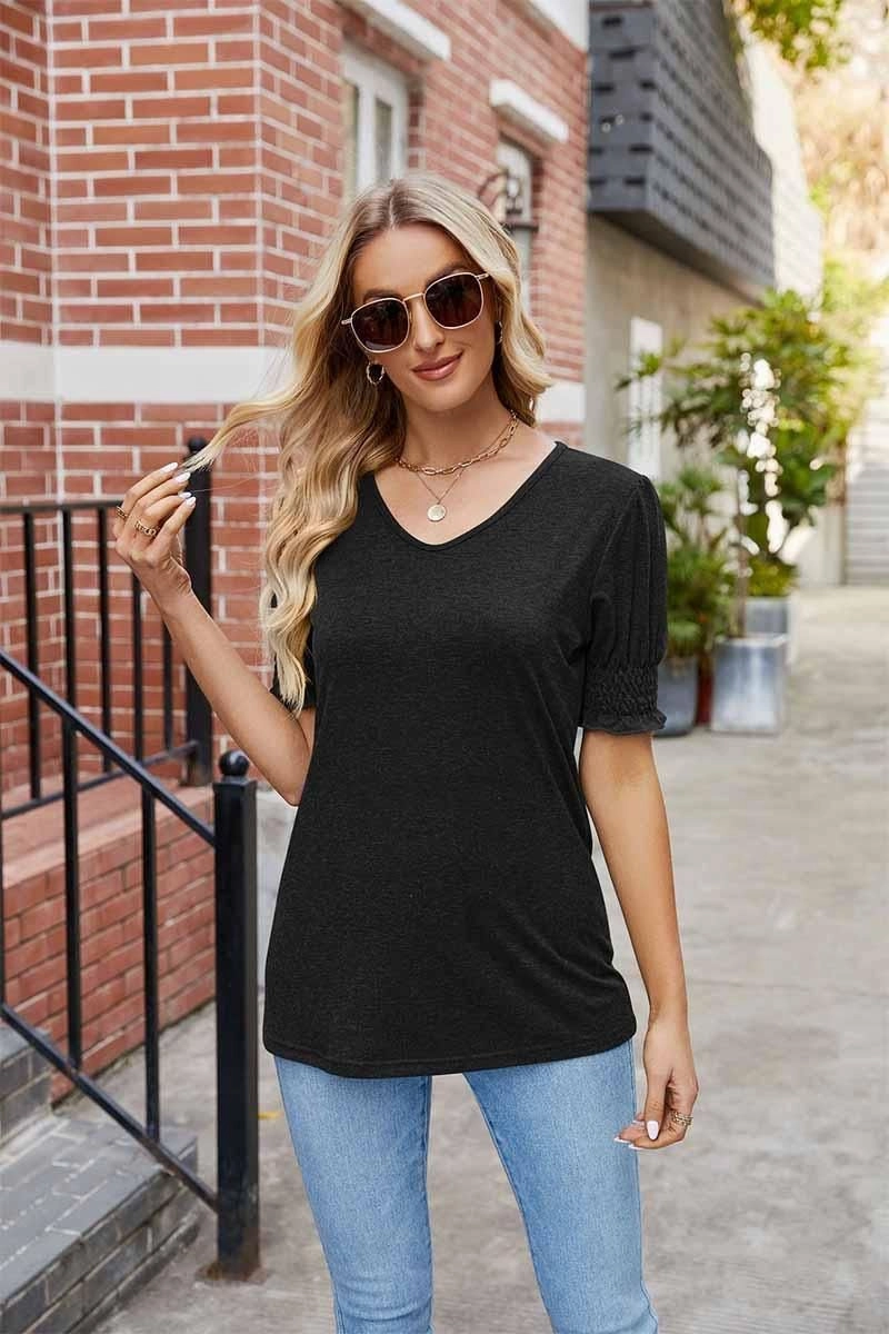 PLEATED FRILL PUFF SLEEVES V NECK TEE Sustainable Production Methods