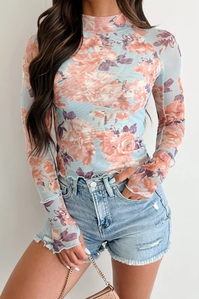 ConvertibleCollarSystem Reflective Trim Hooked On You Floral Mesh Long Sleeve Top (Peach/Blue)