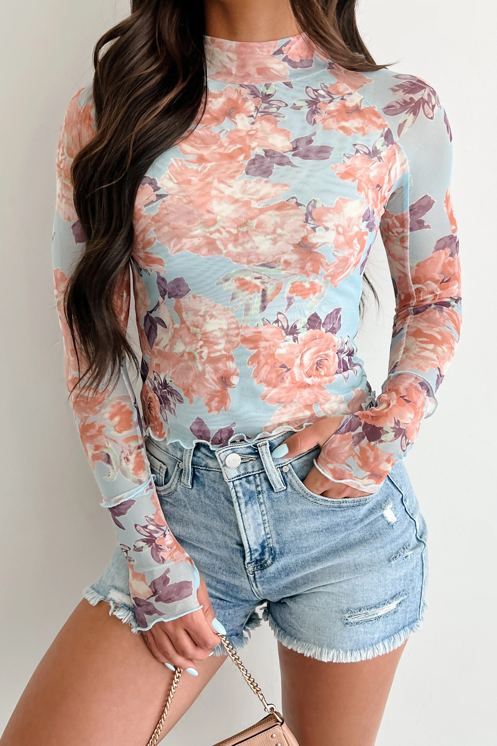 Recycled Polyester Blend PocketDetails Hooked On You Floral Mesh Long Sleeve Top (Peach/Blue)