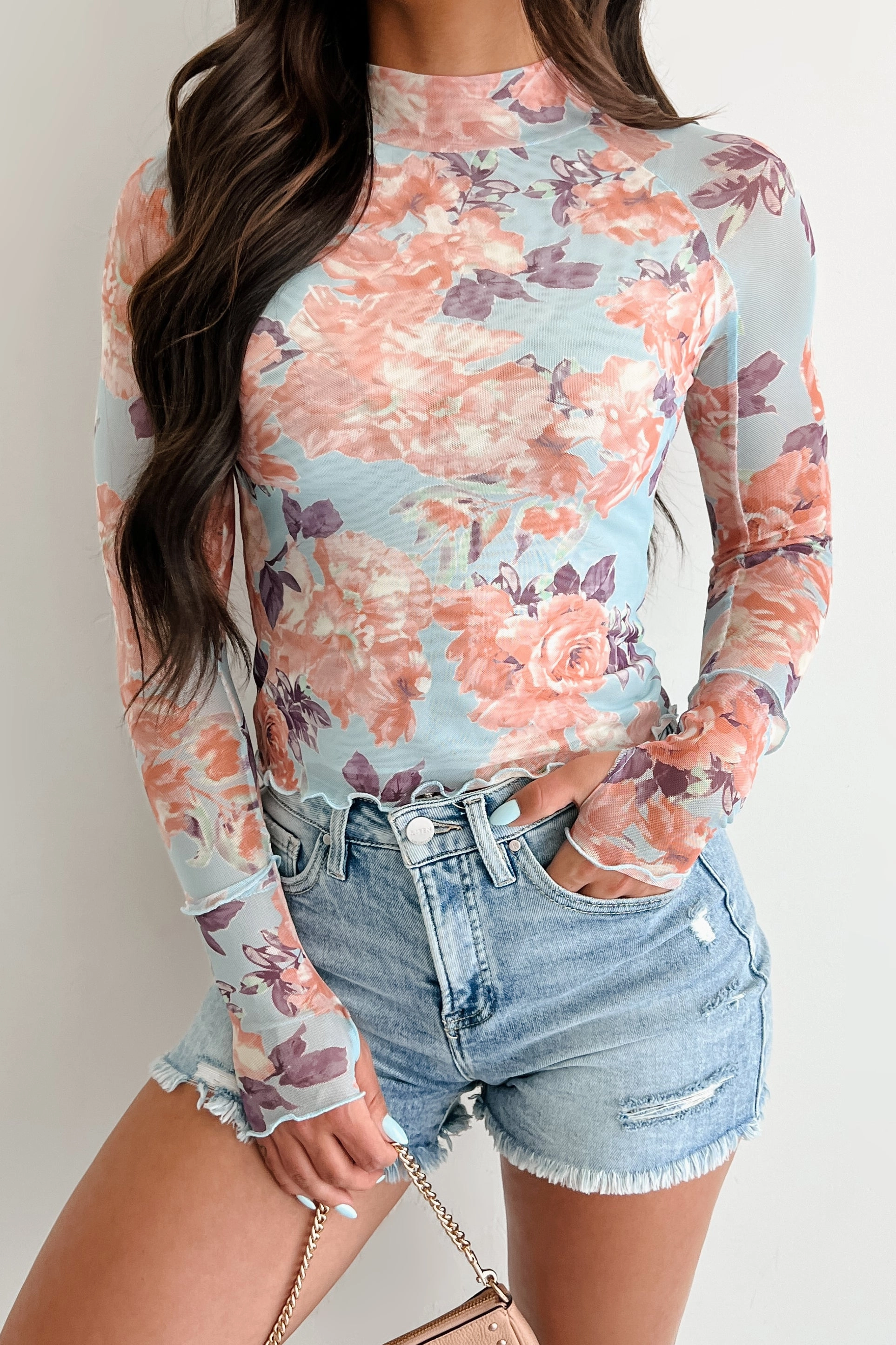Hooked On You Floral Mesh Long Sleeve Top (Peach/Blue) MultiPocket Adaptive Fit Technology