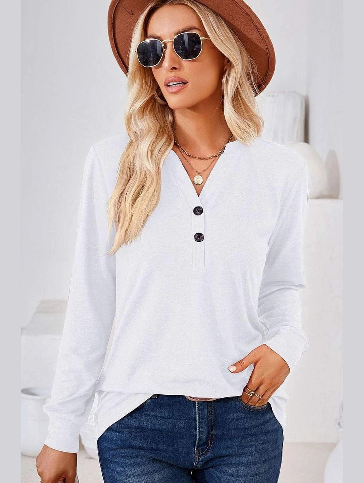WOMEN BUTTONED V NECK RIB SLEEVE CASUAL TEE MultiPocket Configuration SoftBrushed