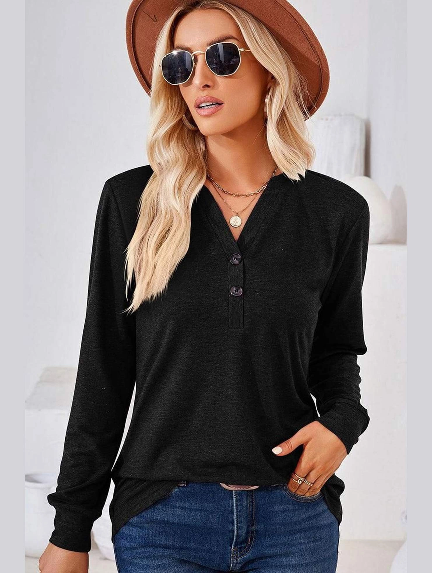 WOMEN BUTTONED V NECK RIB SLEEVE CASUAL TEE AntiSnagYarnProcessing Two Tone Texture Effect