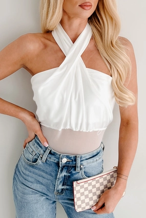 Sleek Simplicity Satin Mesh Halter Bodysuit (White) Weighted Hem Trim