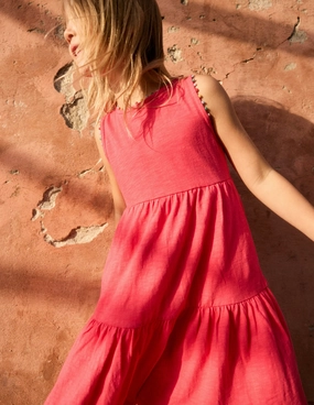 Ali Pom Trim Jersey Dress-Fandango Pink Comfortable fit dress