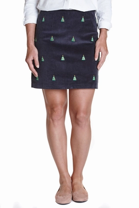 Ali Skirt Corduroy Nantucket Navy With Christmas Tree 19" High Elasticity Material Emerging Designer