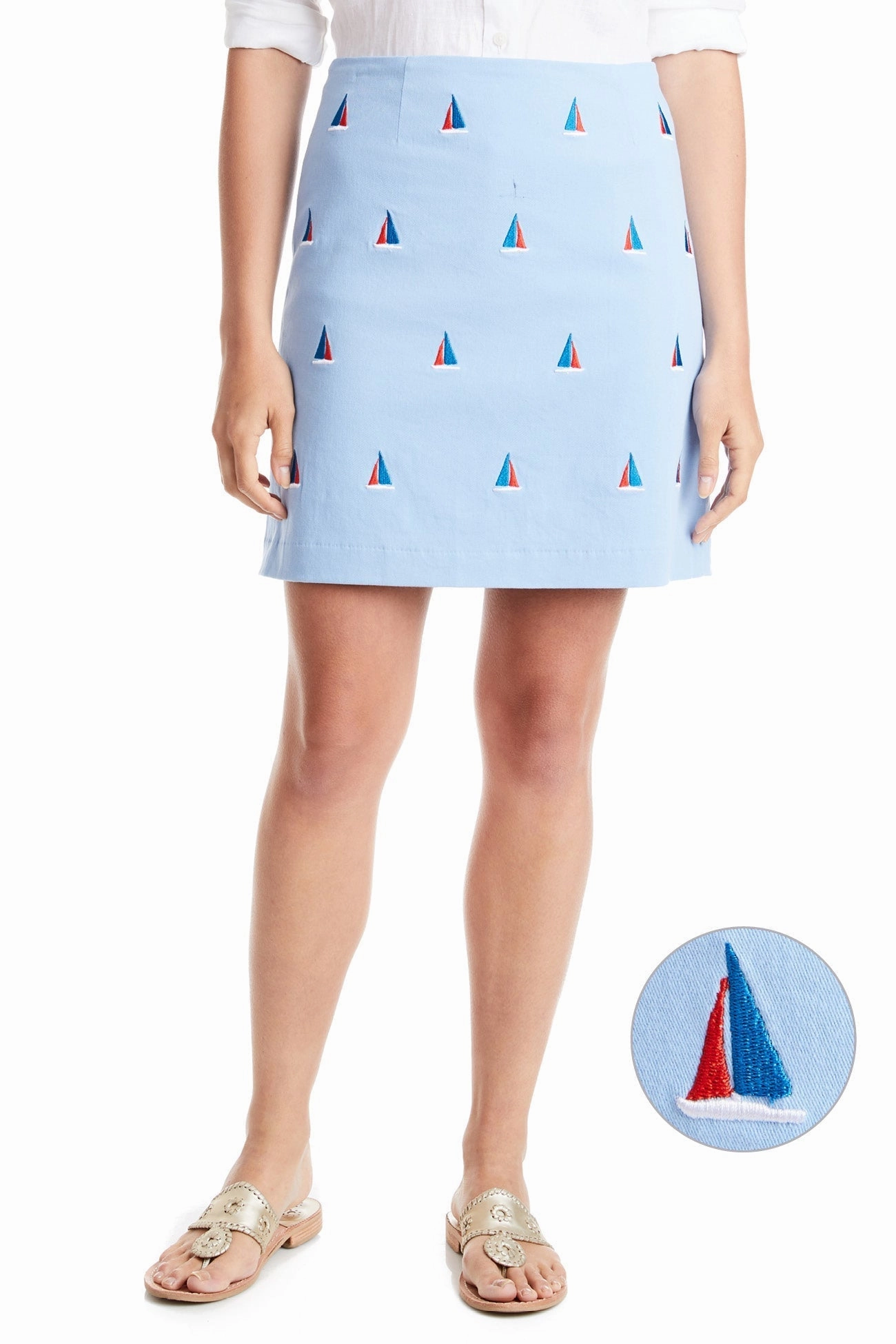 Ali Skirt Stretch Twill Liberty with Americana Sailboat Secure Closure Style Layering