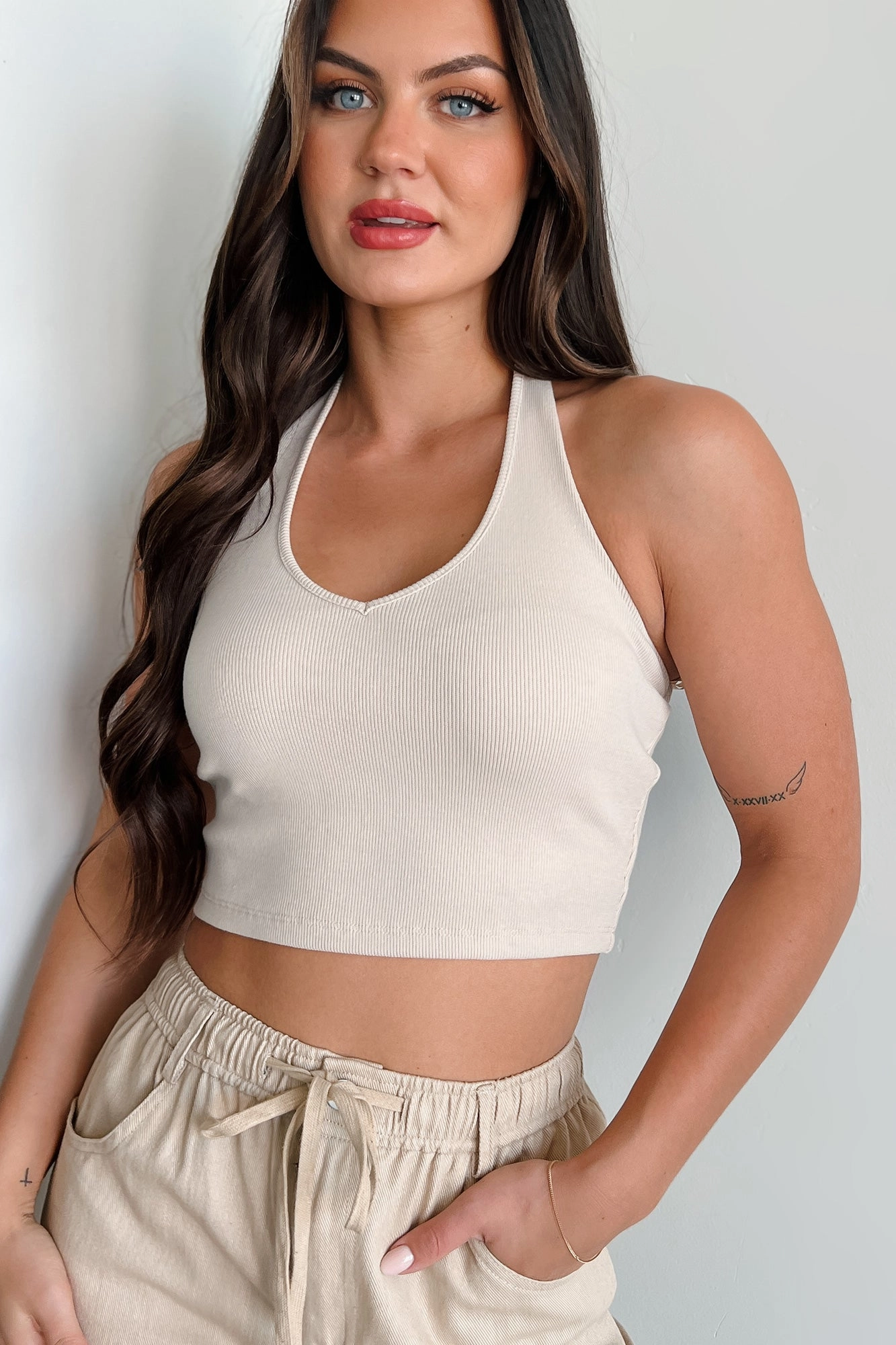 Alive & Well Ribbed Halter Crop Top (Eggshell) Active Blouse