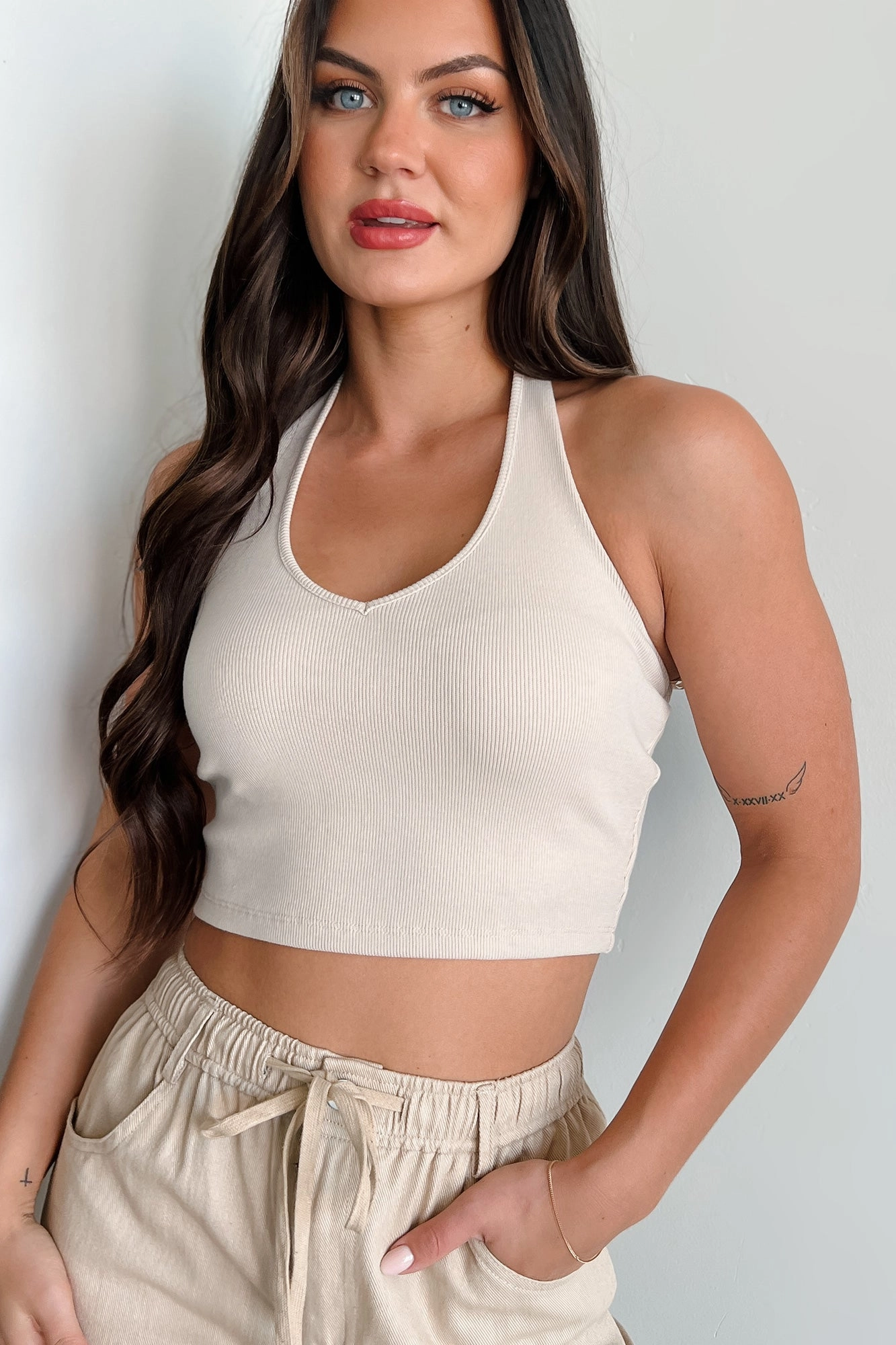 ConvertibleStyle Eco Friendly Material Alive & Well Ribbed Halter Crop Top (Eggshell)