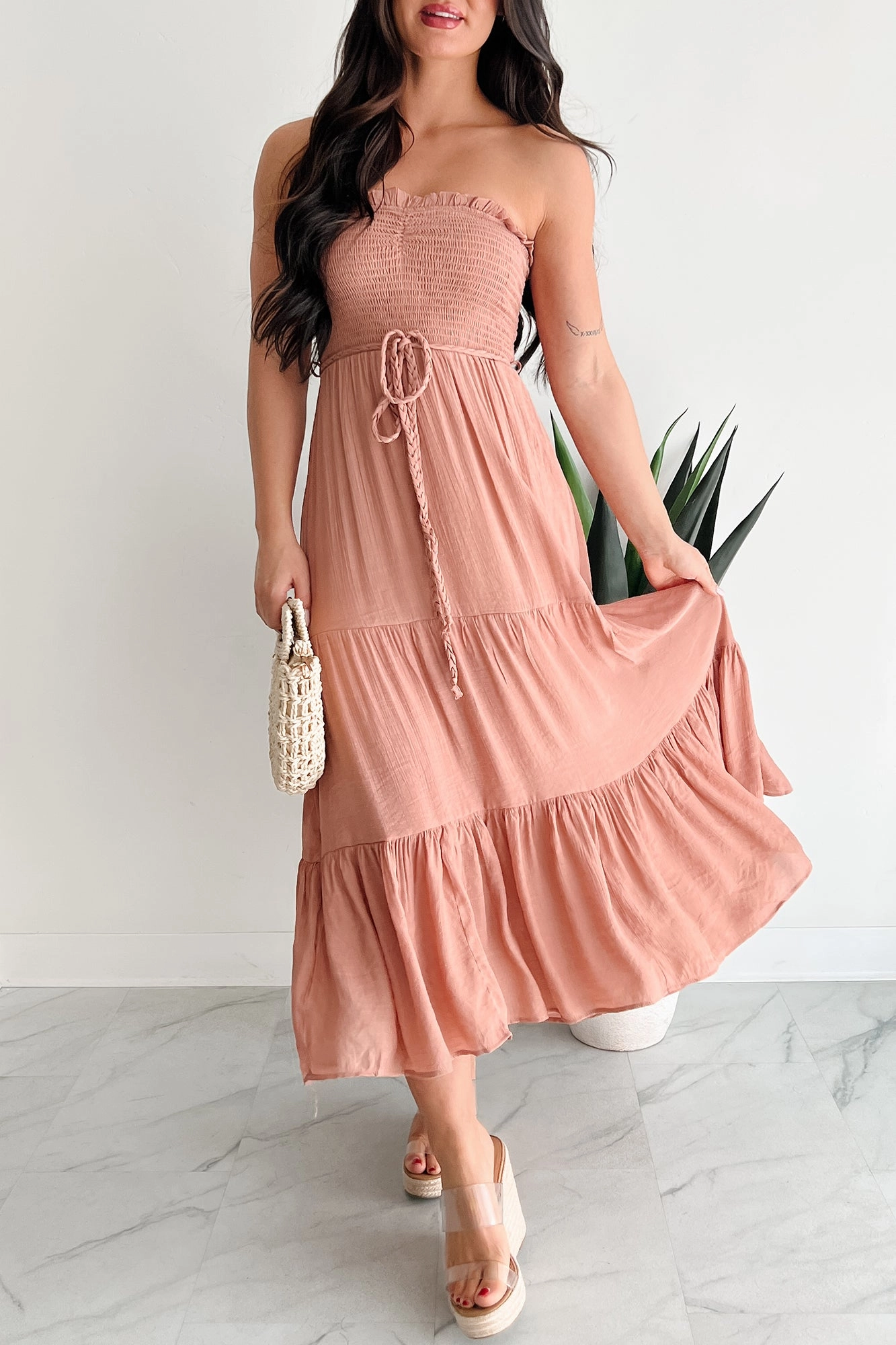Front-Pocket All About Class Strapless Smocked Maxi Dress (Clay)