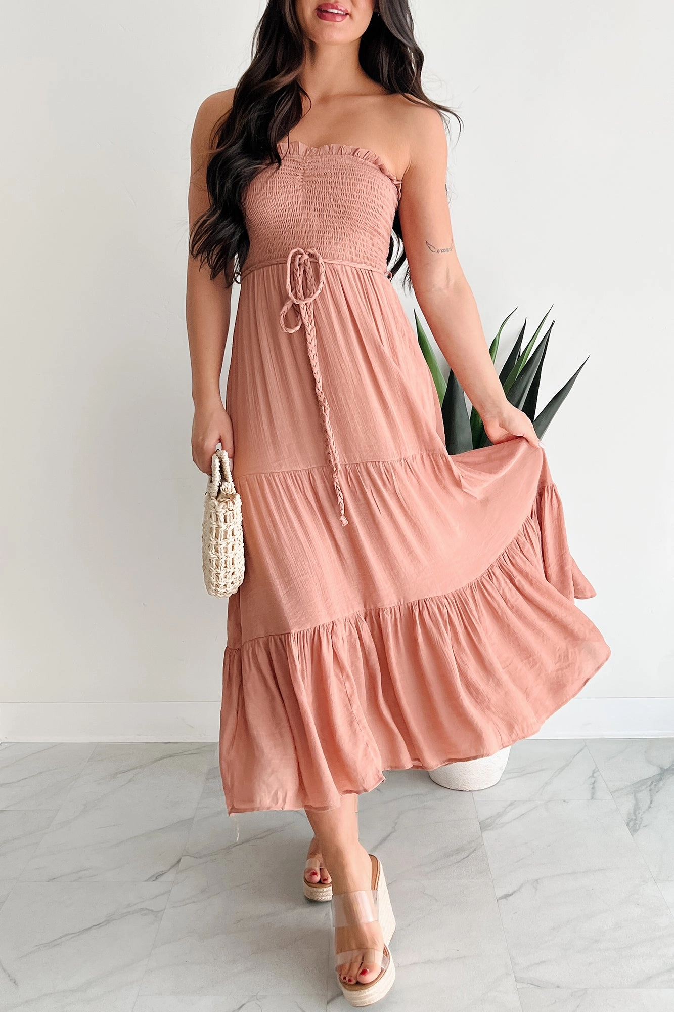 Vintage-Inspired All About Class Strapless Smocked Maxi Dress (Clay)