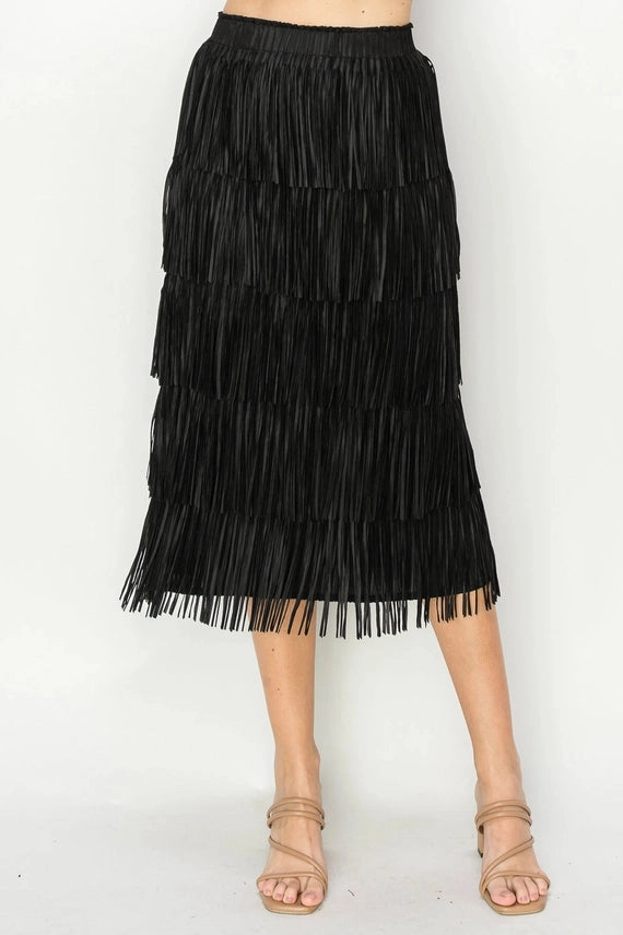 Jayleen Fringe Skirt in Black Knee Length Ethically Made