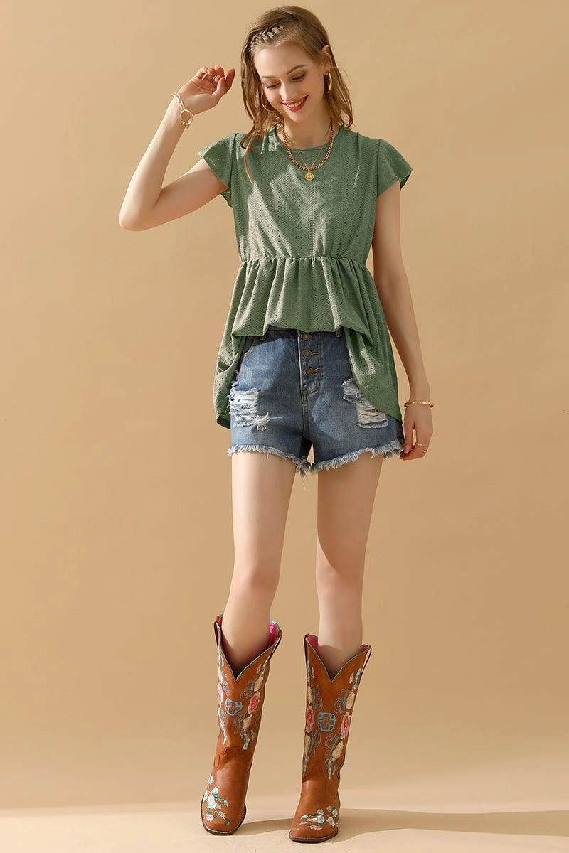 RUFFLED ELASTIC WAIST PUNCHING LACE TEE Cool Weather
