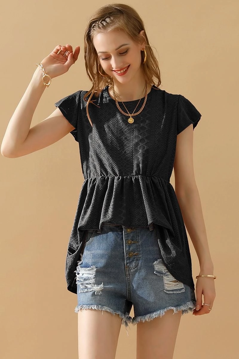 Sporty Hoodie Non Irritating Label RUFFLED ELASTIC WAIST PUNCHING LACE TEE