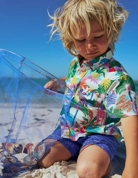 Cotton Linen Shirt-Ivory Multi Jungle Tencel Lyocell Fiber Adjustable Hem Cuff